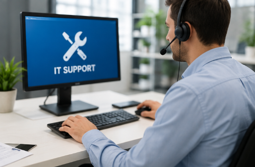 Служител с headset пред монитор с надпис IT Support
